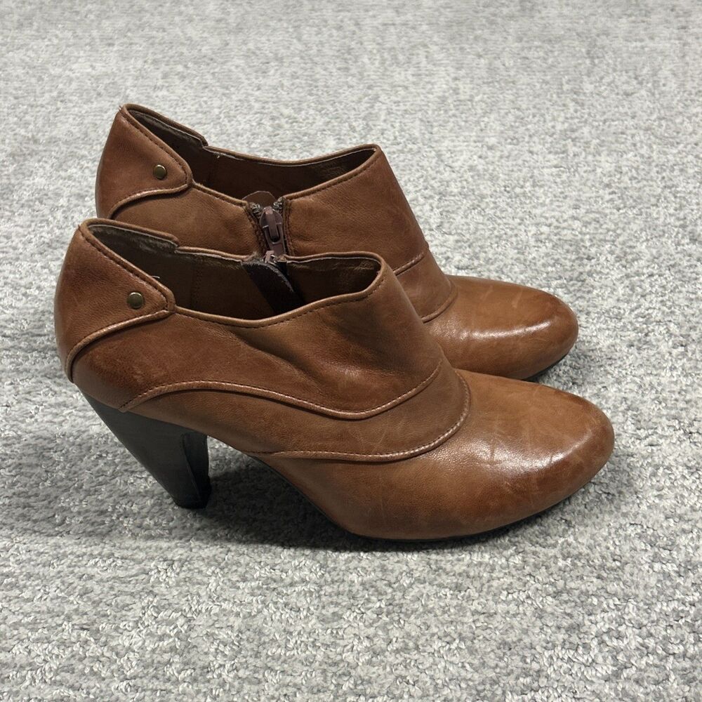 Miz Mooz Shoes Womens 7.5 Ankle Boots Booties Brown Leather Cone Heel Side Zip